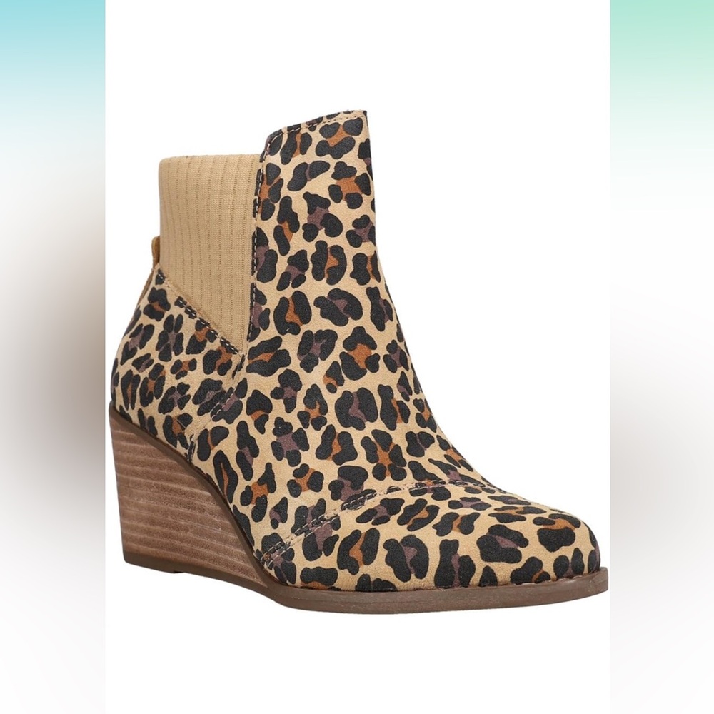 TOMS Sadie Leopard Print Wedge Ankle Boots Womens Sz 7.5 zip up shoes animal